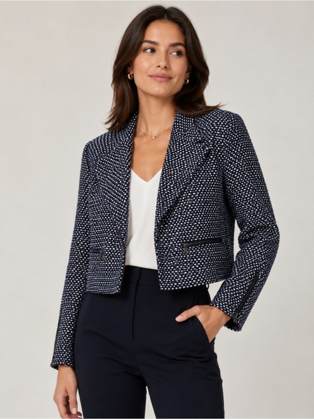 Ann Taylor Navy White Patterned Blazer Size 2 Modern Professional Classic